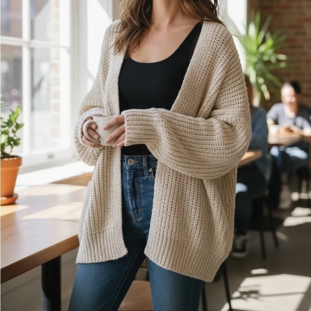 Free People Beige Knit Cardigan with Snap Closure